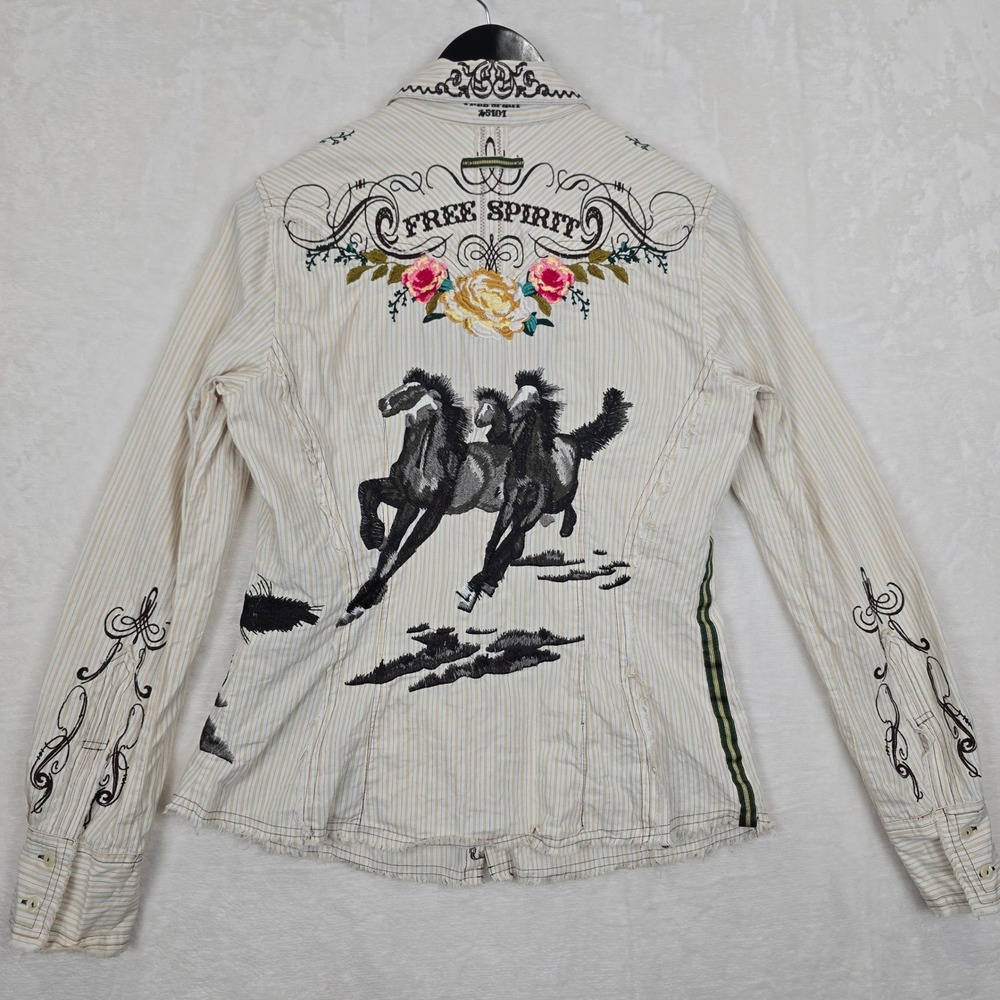 3J Workshop Johnny Was Free Spirit Embroidered Horse Striped Cotton Shirt Medium